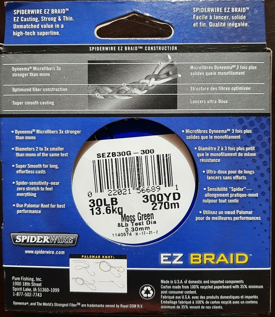 LINEA DE PESCA MULTIFILAMENTO 30 LB 300 YDS MARCA SPIDERWIRE, EZ BRAID, COLOR MOSS GREEN (SEZB30G-300)
