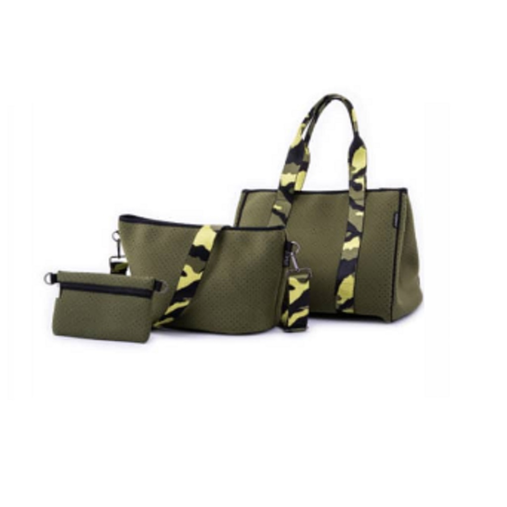 Bolso de Mano Multiuso + Bandolera Cruzada + Estuche de Maquillaje Urbagg Neopreno Verde Olivo