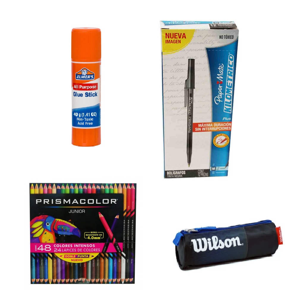 Combo Donde sea Lleva el Color Cartuchera Escolar Wilson Attack + Caja de Colores Prismacolor Cx36 + Barra Todo Proposito Elmer's 40g + Bolígrafos Kilometrico Paper Mate St Cx15