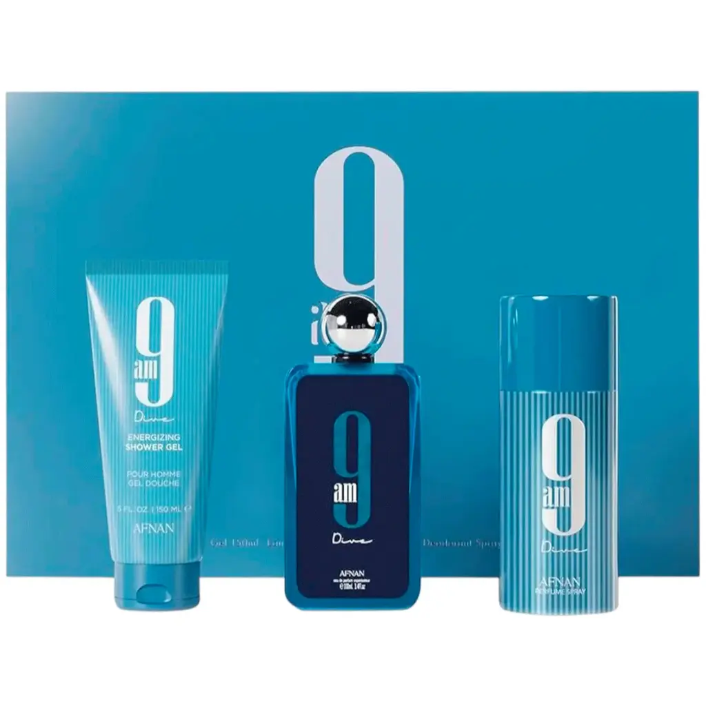 Set Fragance para Caballero Afnan 9am Dive Eau de Parfum 100ml + Gel de Ducha 150ml + Desodorante 150ml 